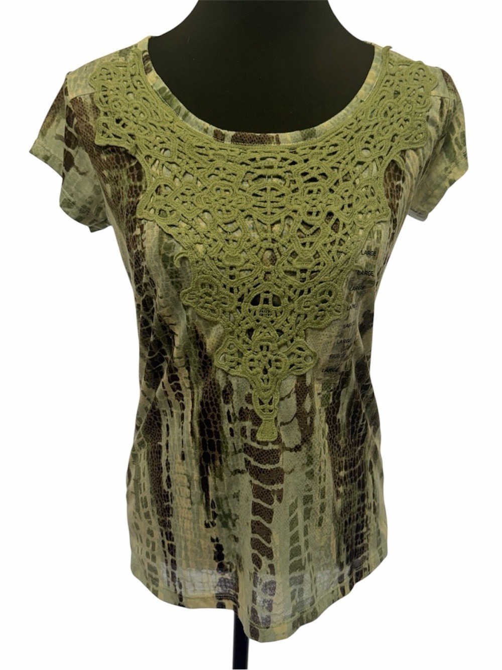 Tru Self Green Brown Croc Print Lace Trim Blouse Short Sleeve Top NWT